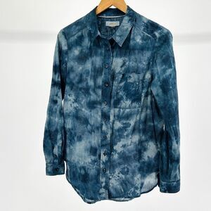Pilcro by Anthropologie Painterly Tie Dye Blue Light Weight Cotton Button Down